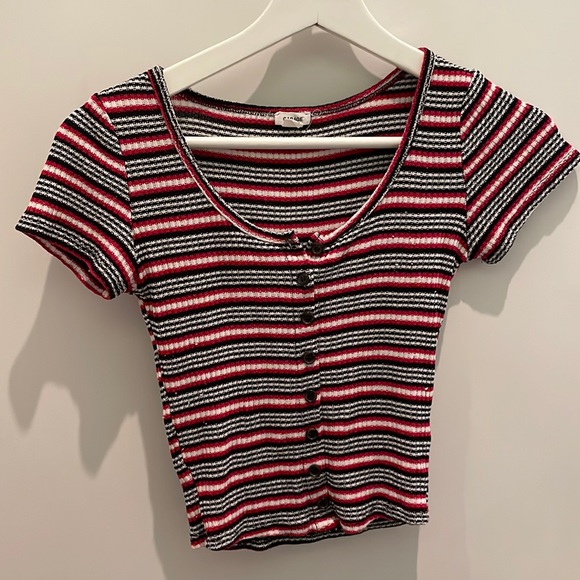 Garage - Red, Black, and White Striped Button-up Short Sleeve Top - Picture 1 of 3